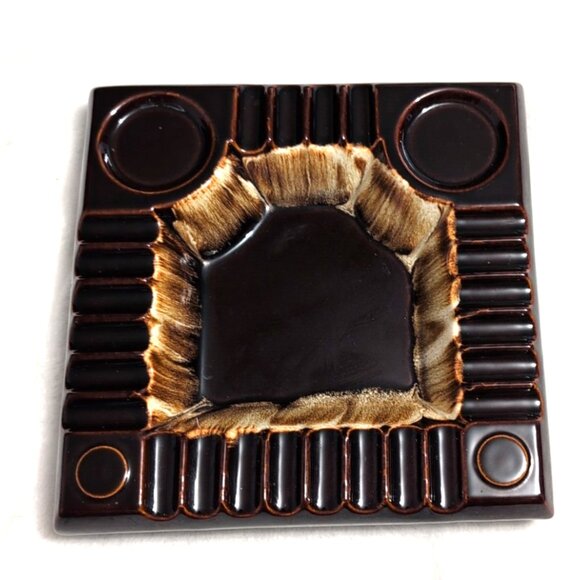 Vintage MCM Large Ceramic Ashtray Brown/Tan Drip Glaze 10.25" Square VGC - Picture 2 of 9